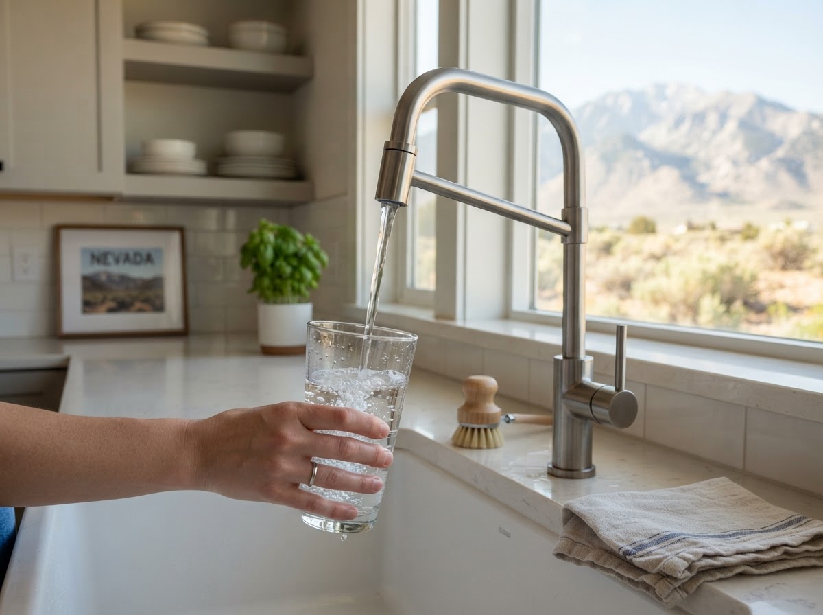 Clear water flowing from a kitchen faucet into a glass in a Minden-Gardnerville, Nevada home
