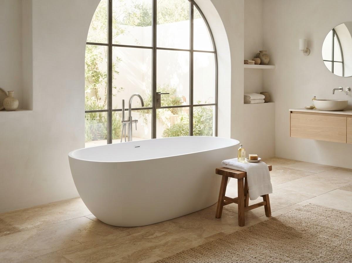Freestanding bath on display in the showroom