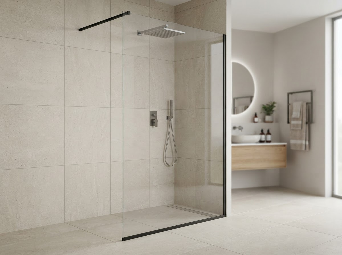 Walk-in glass shower enclosure on display