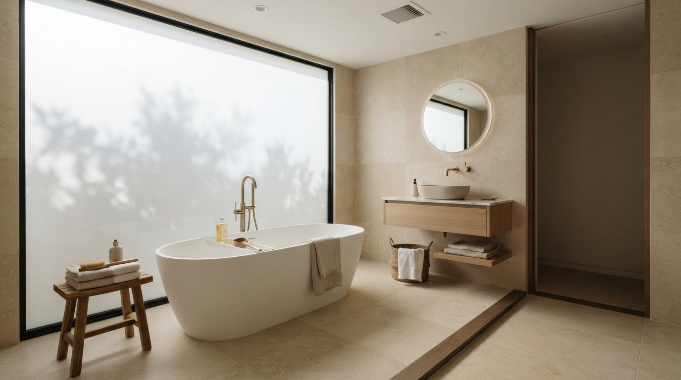Serene modern bathroom with a white freestanding bath beside a tall window