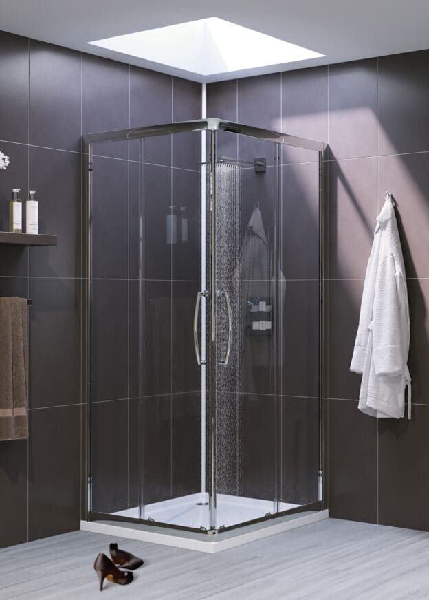 Lakes corner glass shower enclosure with chrome frame