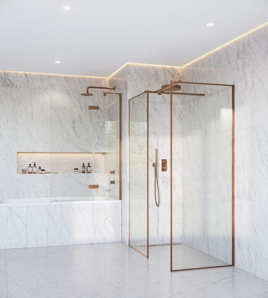 Q4 Bathrooms marble walk in shower with copper brushed brass profile