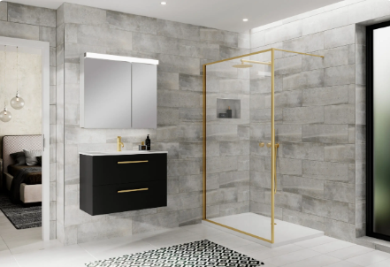 QX design led bathroom suite with brushed brass walk in enclosure and black vanity