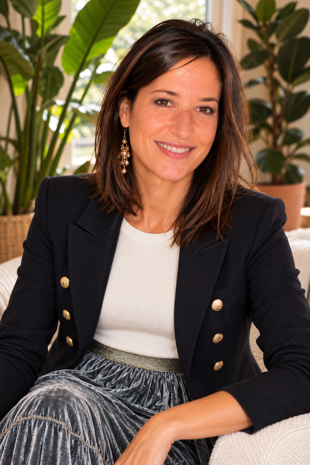 Portrait de Bérénice Kossowski, souriante et apaisante, dans un intérieur calme aux tons sauge et ivoire.