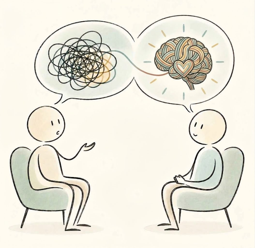 Illustration de deux personnes en dialogue thérapeutique, montrant le cheminement d'un esprit encombré vers la clarté et l'écoute du cœur.