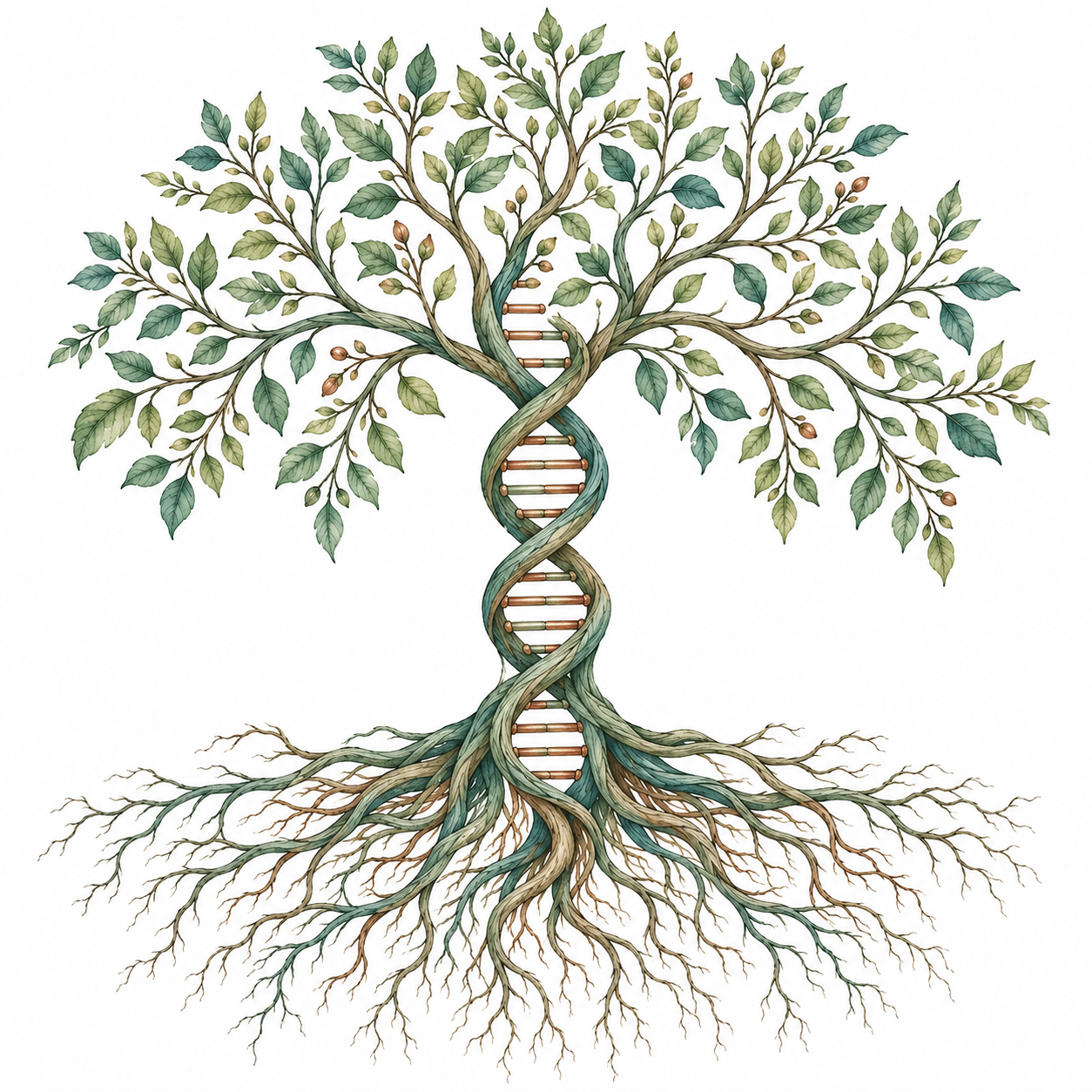A tree with a DNA double-helix trunk, spreading roots, and leafy branches.