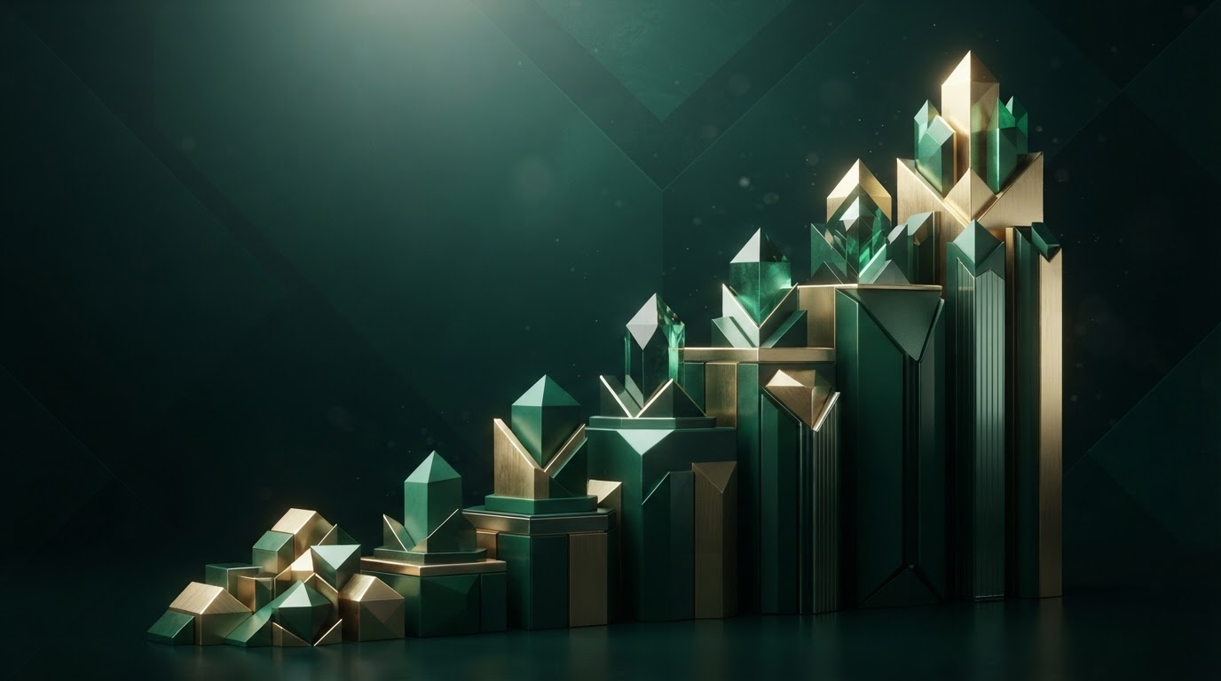 Abstract emerald and gold growth visualization