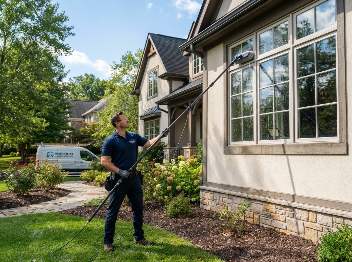 Bliss Window Washing technician cleaning a home's exterior windows with a water-fed pole