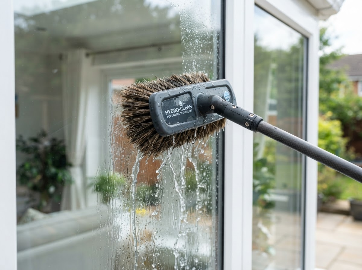 Pure water-fed boar's hair brush cleaning a residential window to a spot-free finish