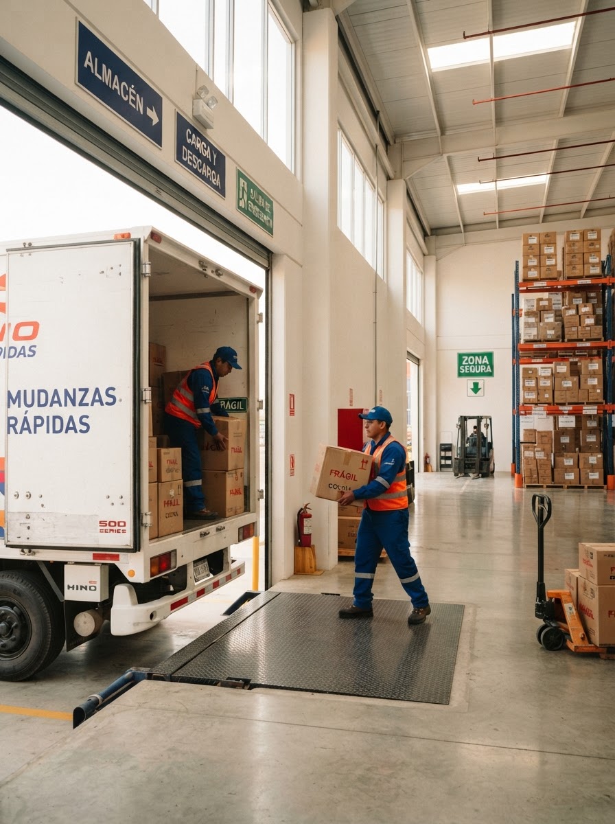 Camión de mudanza de reversa, puertas traseras abiertas hacia la rampa de un almacén moderno, trabajadores cargando cajas, letreros en español