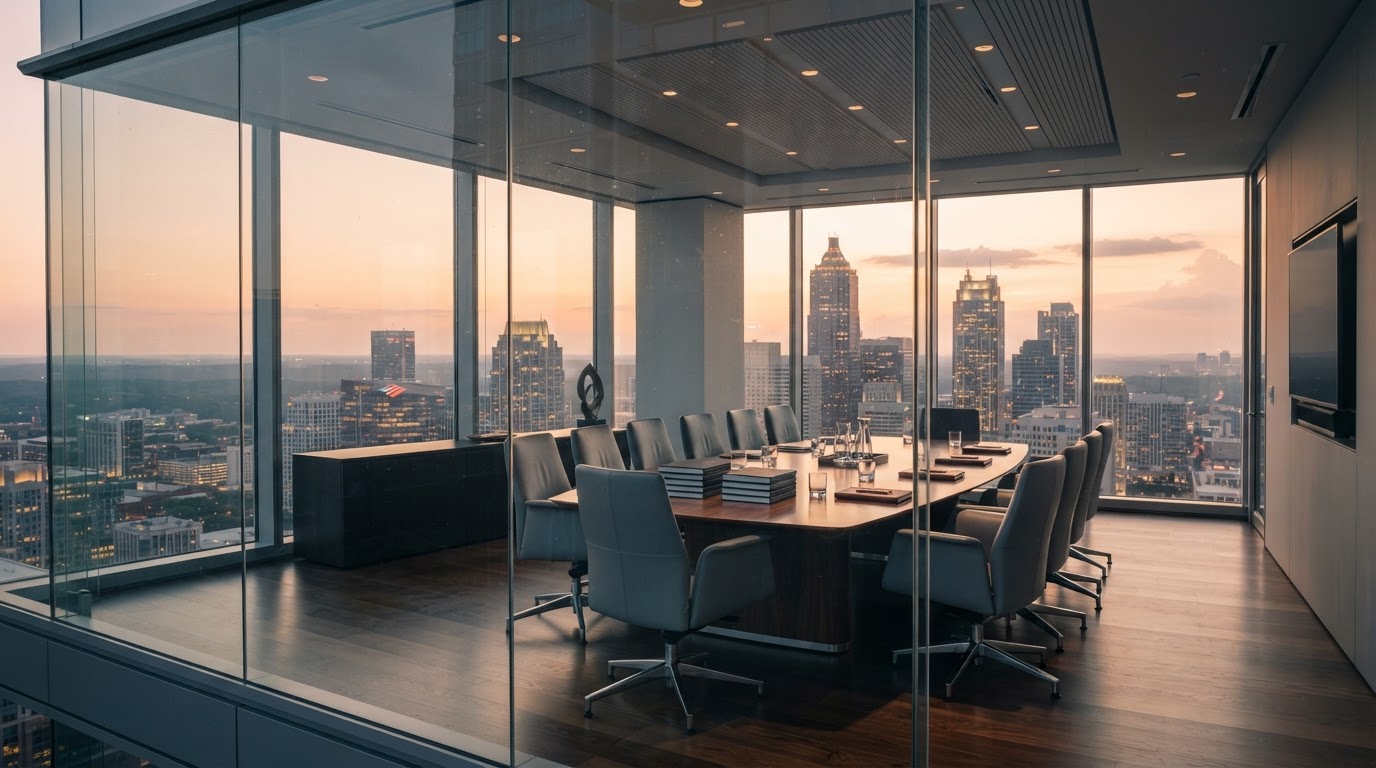 Modern consulting office overlooking the Atlanta skyline at golden hour