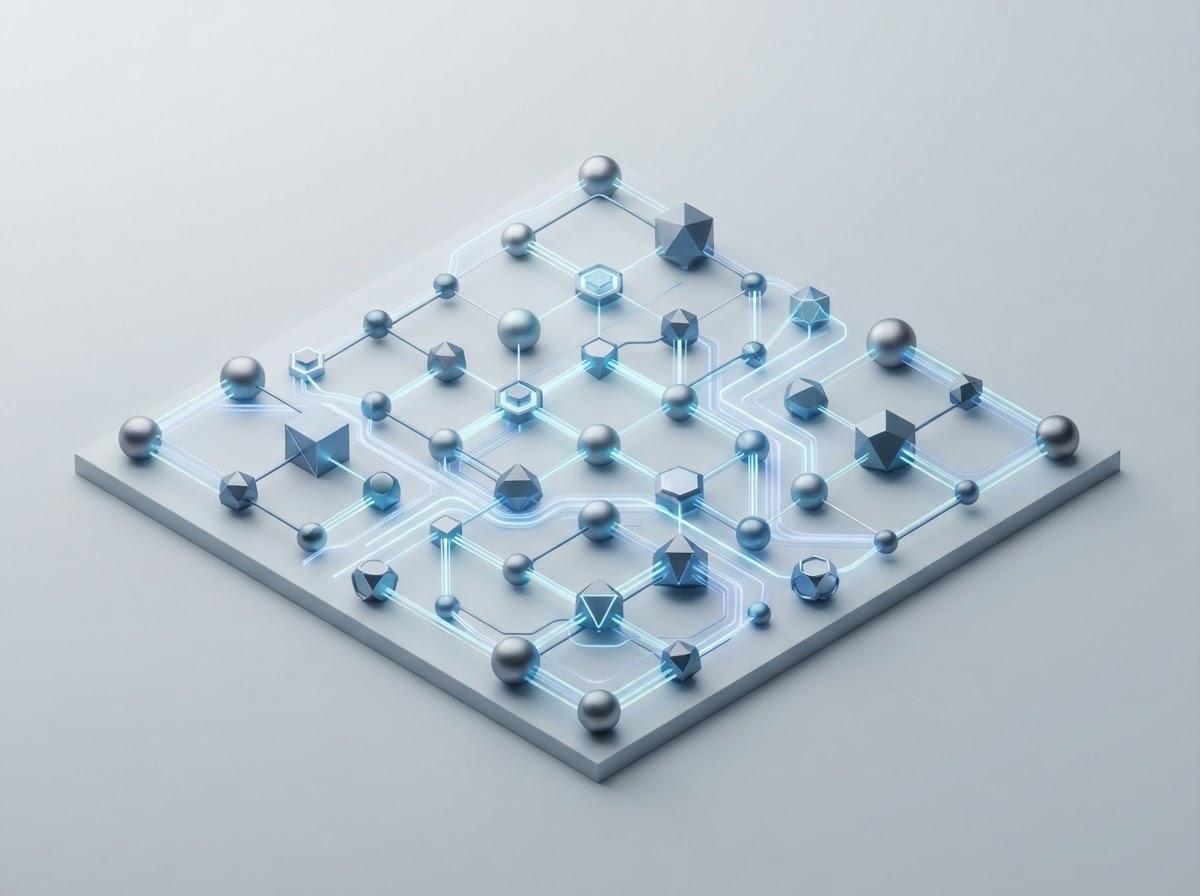 Abstract network of interconnected nodes representing structured business systems