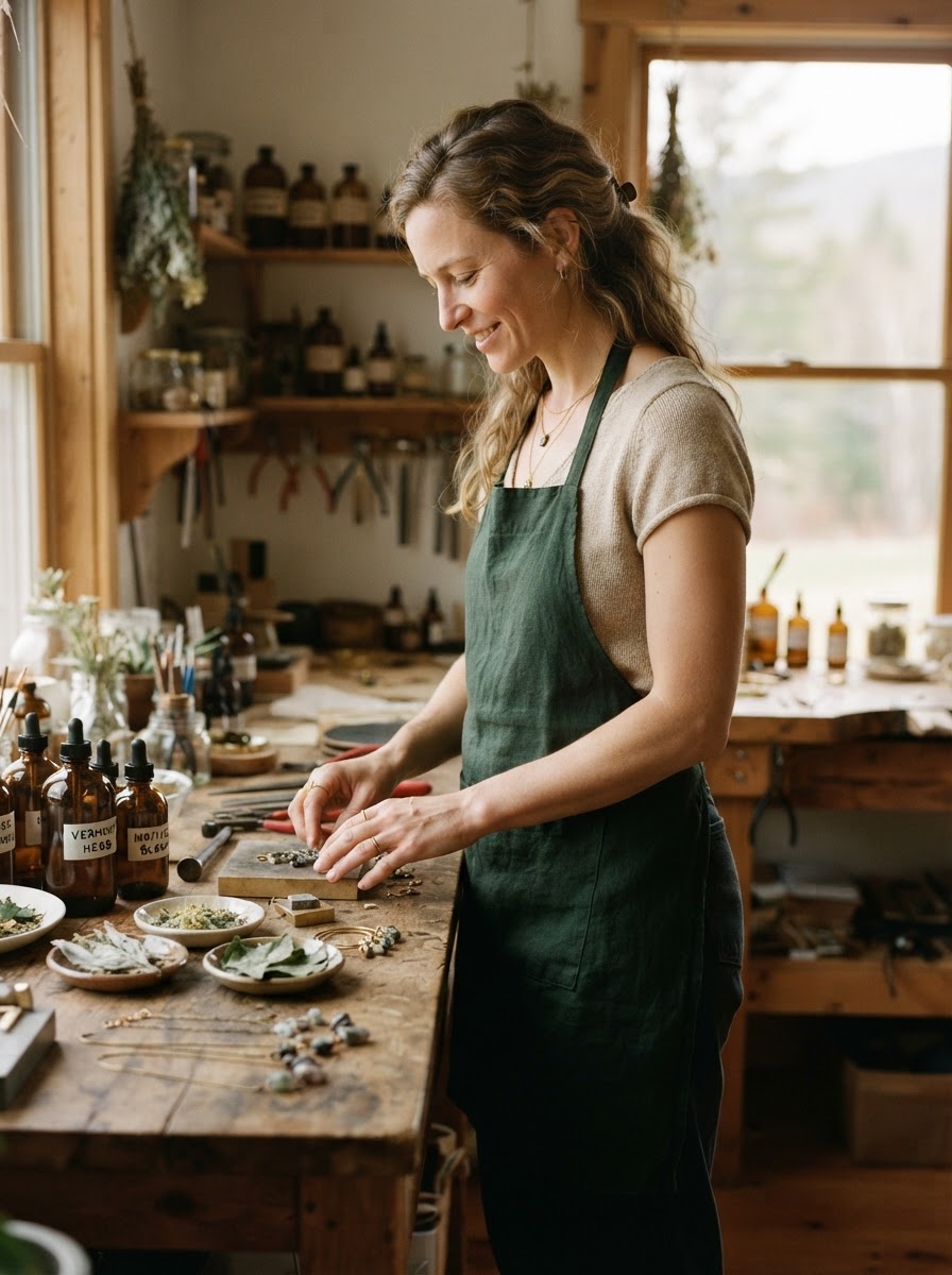 Serena Morgan at her workbench in the Newport studio, surrounded by tinctures and a jewelry bench.
