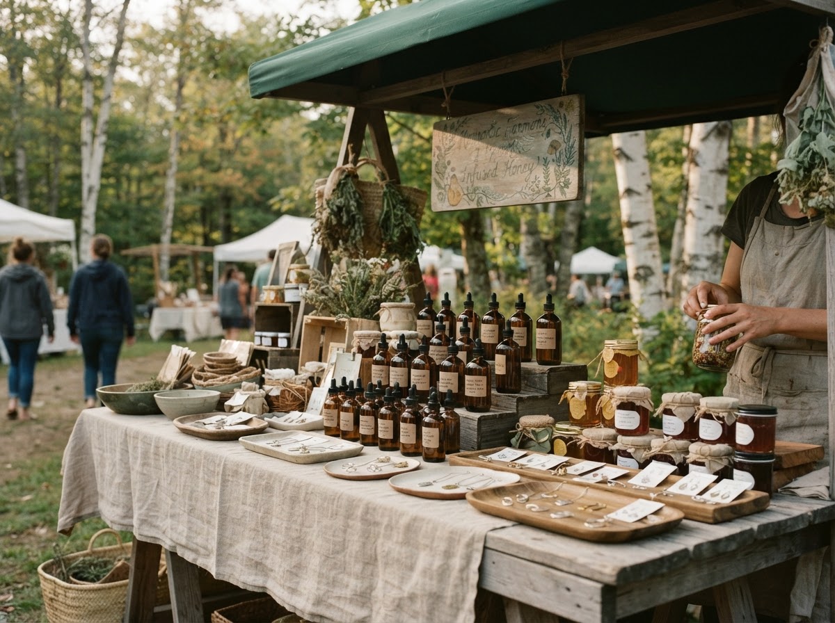 A Vermont market booth with linen, amber bottles, and honey jars in afternoon light.