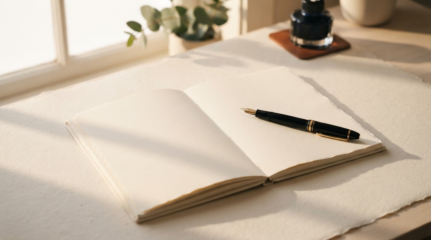 A warm paper-white desk with a fountain pen resting on an open notebook in soft solstice light