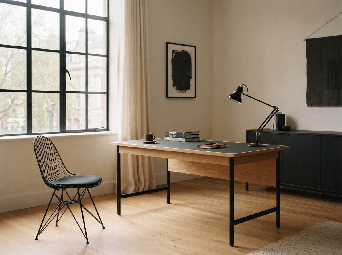 Minimalist consultancy office interior with warm natural light