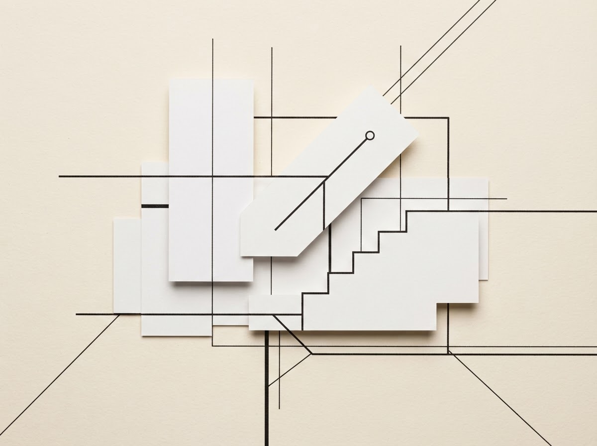 Abstract editorial composition of paper-white planes and ink-dark lines suggesting structure and turning points