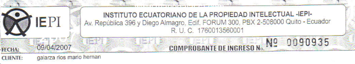 Comprobante de ingreso IEPI (hoy SENADI) Nº 0090935 - 09/04/2007 - Mario Hernán Galarza Ríos