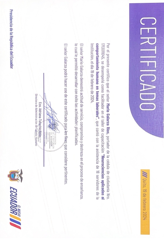 Certificado oficial otorgado por la Presidencia de la República del Ecuador a Mario Galarza Ríos