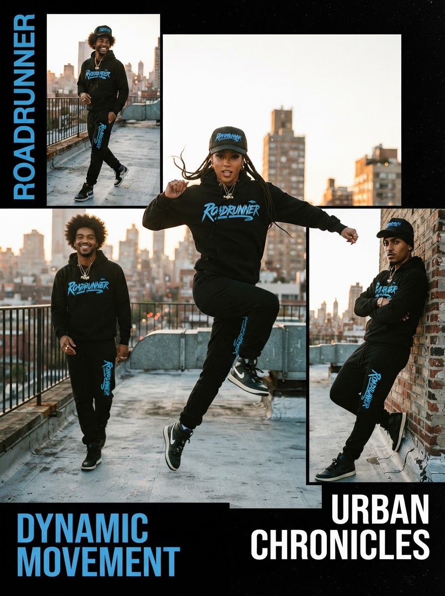 RoadRunner Worldwide 2024 apparel campaign collage featuring hoodies, trucker caps, and track pants