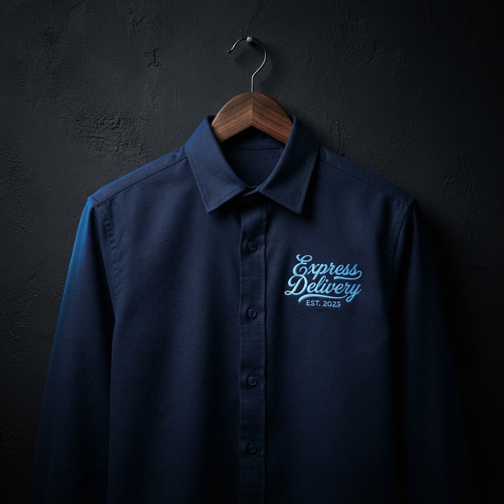 Navy RoadRunner delivery work shirt with embroidered chest script logo