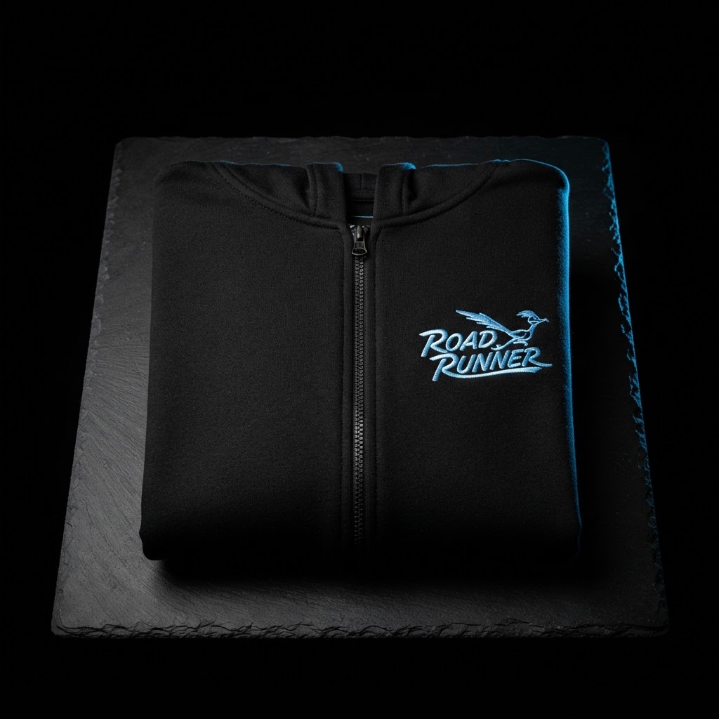 RoadRunner zip hoodie with chest script logo, worn with a RoadRunner delivery trucker cap