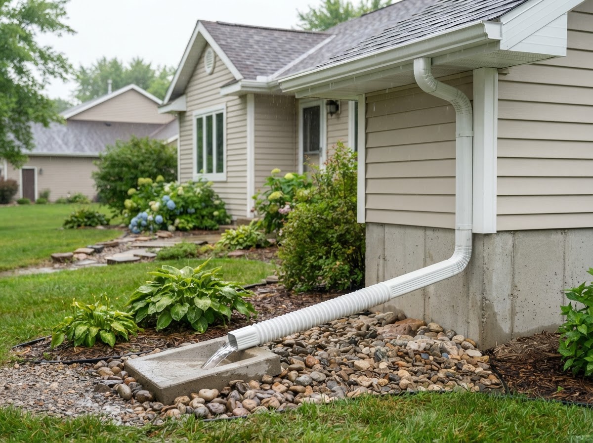 Downspout extension managing runoff to reduce soil movement under a sinking foundation