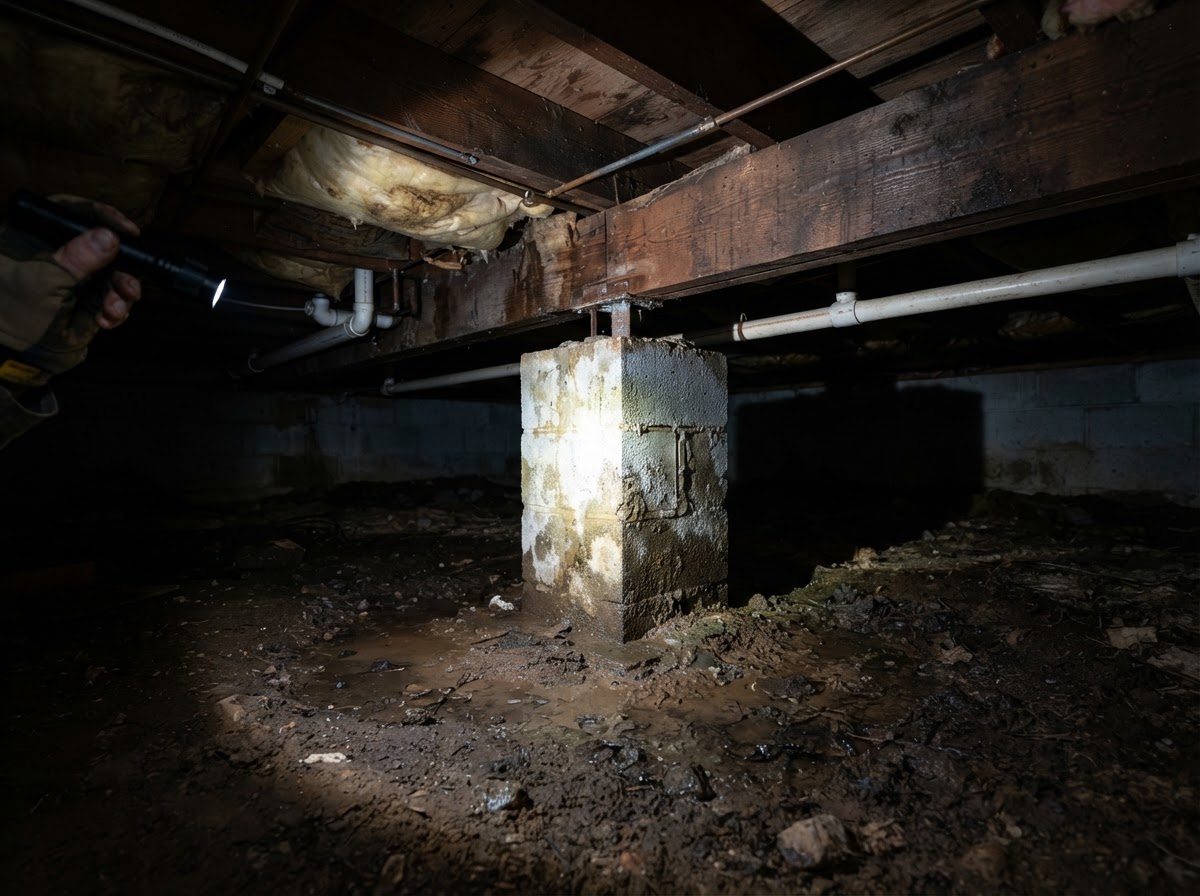 Crawl space under a Lakeside home showing moisture and block piers