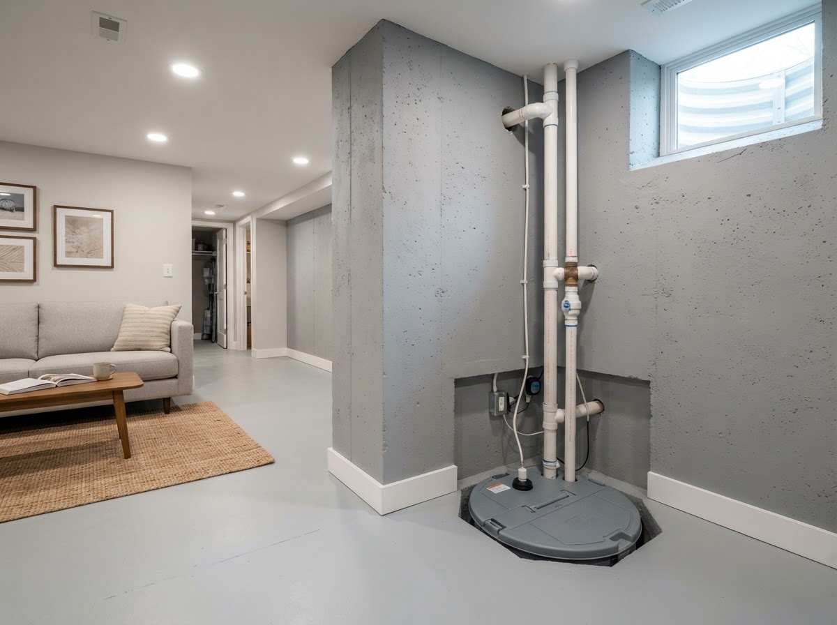 Dry finished basement with sealed walls and a sump pump corner