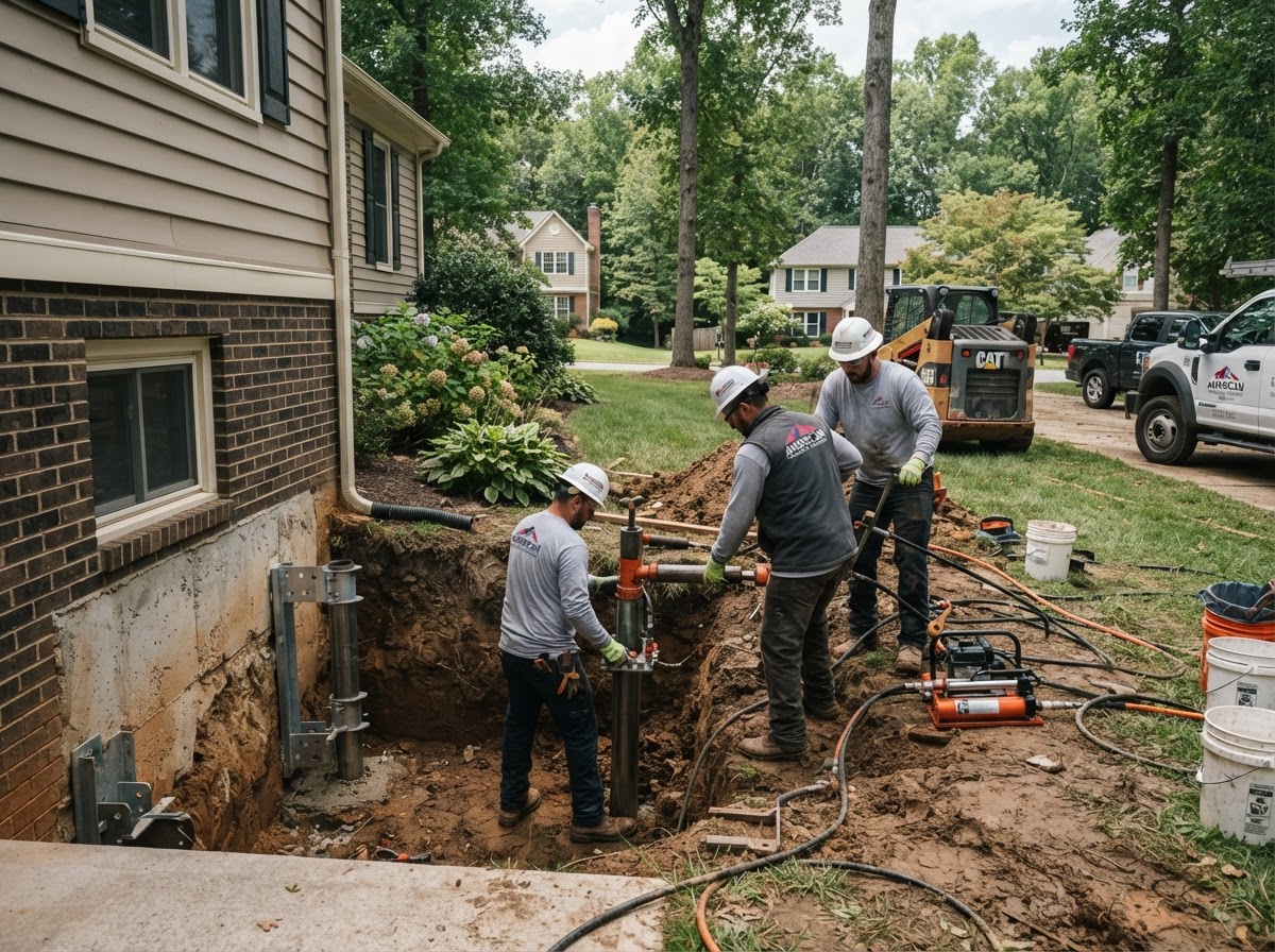 Foundation repair crew installing steel piers beside a Virginia home