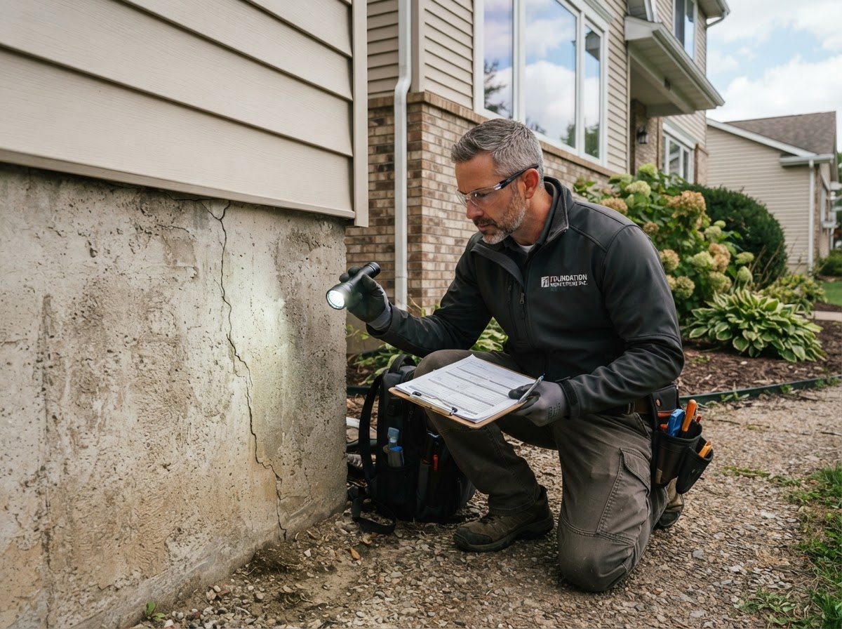 Foundation inspector examining a home's exterior wall with a flashlight and clipboard