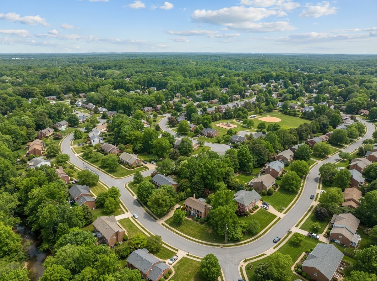 Aerial view of a tree-lined suburban neighborhood in Henrico County, Virginia