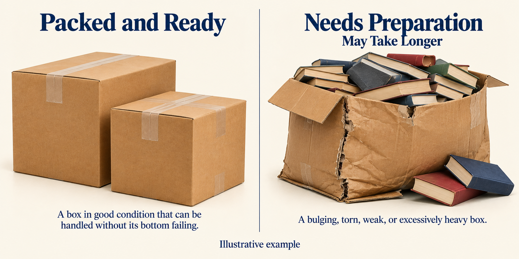 Illustrative example comparing packed and ready sturdy boxes in good condition on the left versus needs preparation with a bulging, torn, overloaded box collapsing under heavy books on the right
