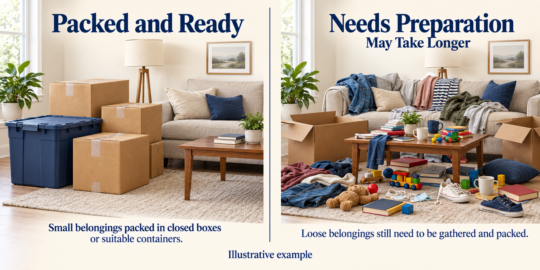 Illustrative example comparing packed and ready closed boxes and storage bin on the left versus needs preparation with open box, couch covered in clothing, and scattered toys, shoes, and loose belongings on the right