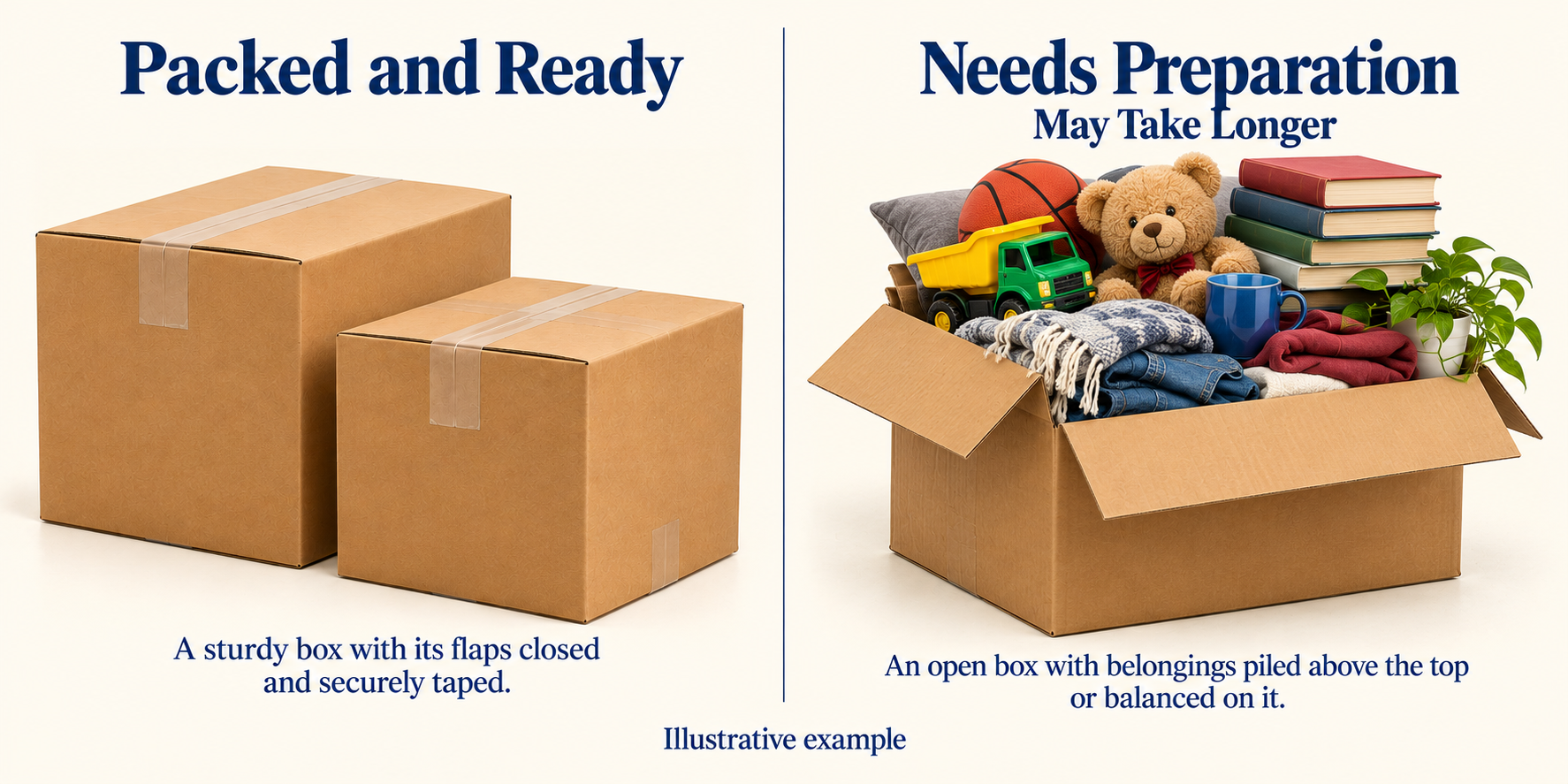 Illustrative example comparing packed and ready closed and securely taped boxes on the left versus needs preparation with an open, overflowing box on the right