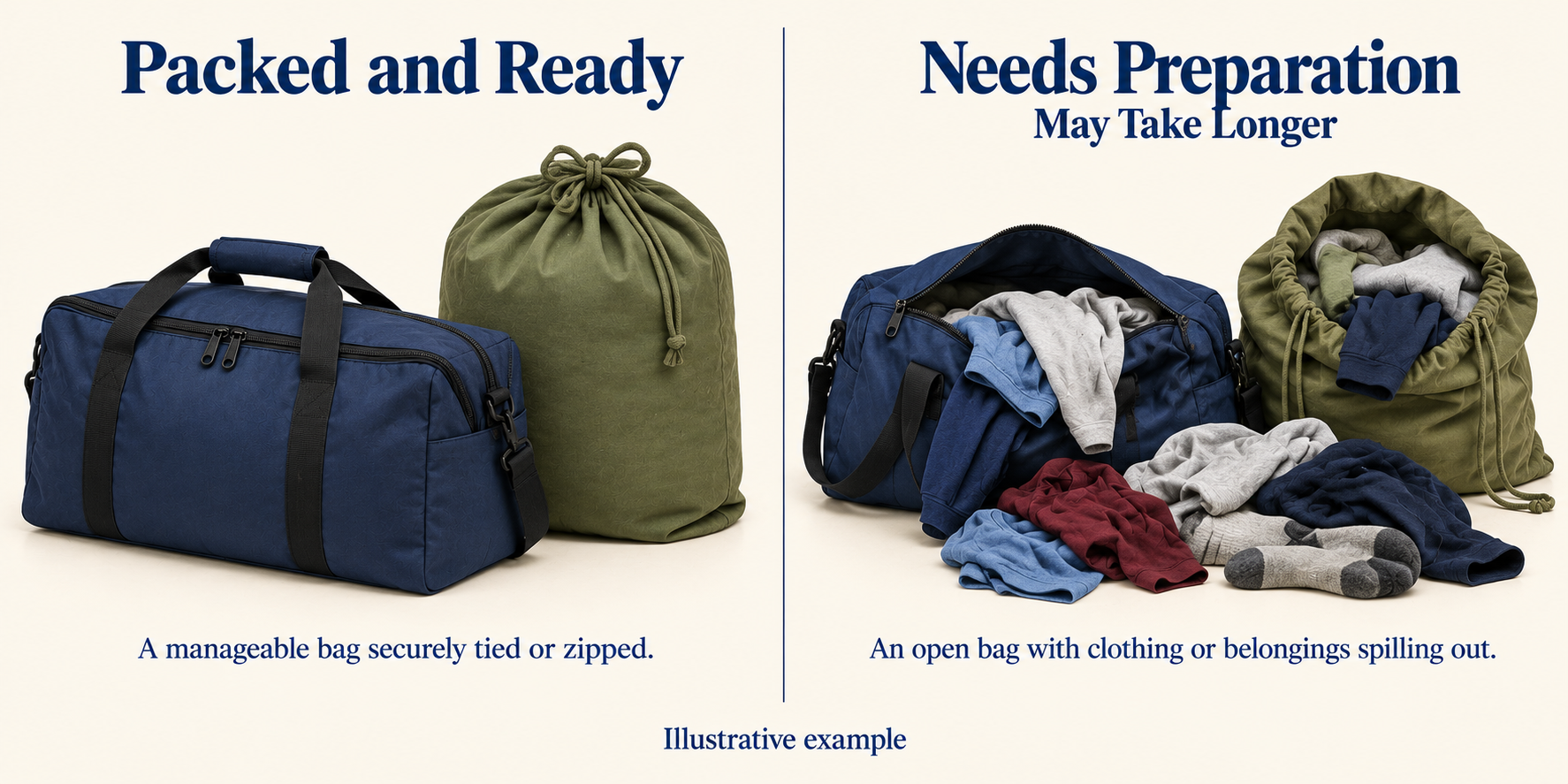 Illustrative example comparing packed and ready zipped duffel bag and securely tied sack on the left versus needs preparation with open unzipped duffel and untied sack spilling clothes on the right