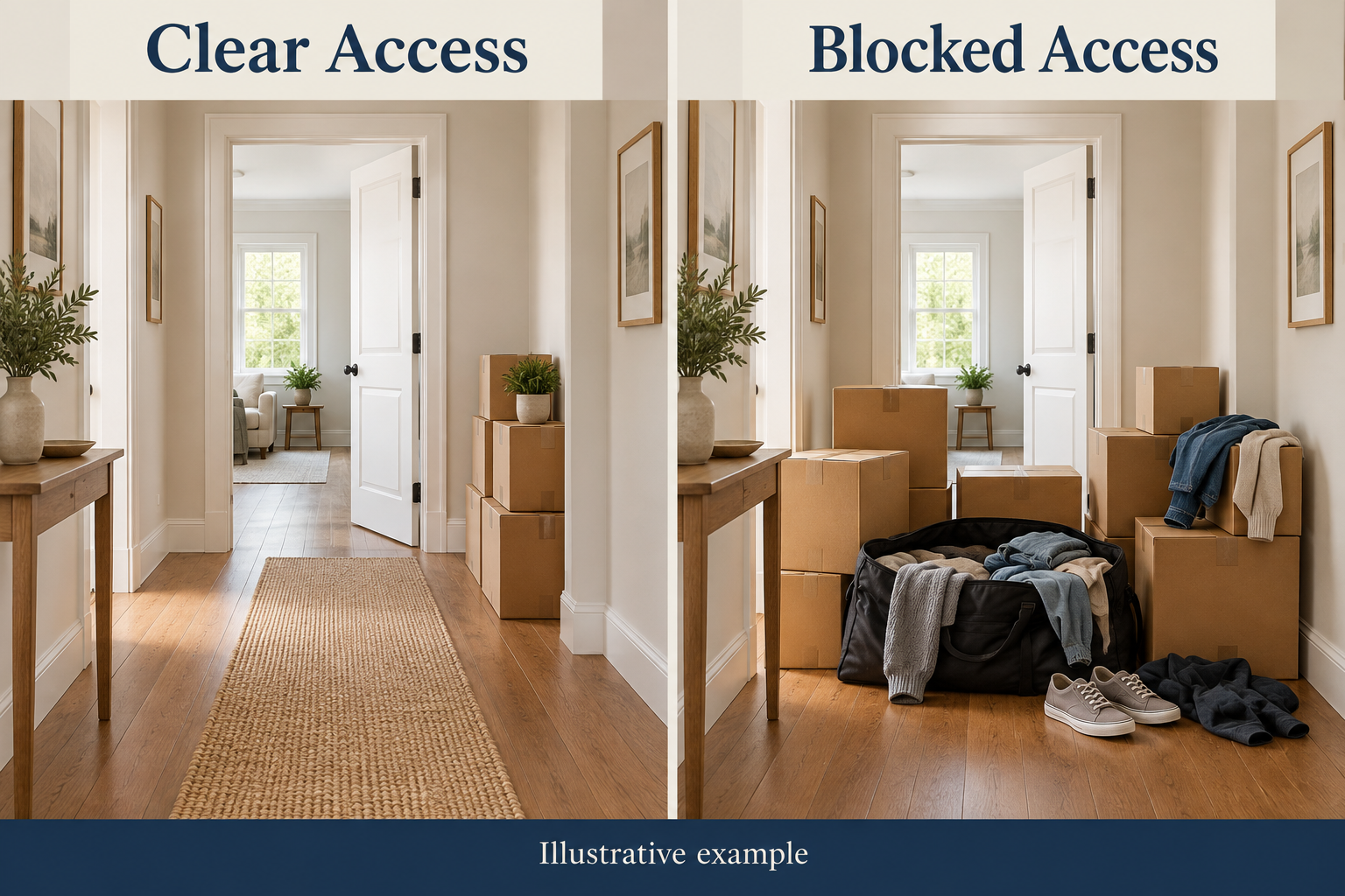 Illustrative example comparing clear access with an open hallway and runner on the left versus blocked access on the right with stacked boxes, an open duffel bag spilling clothes, and shoes obstructing the walkway