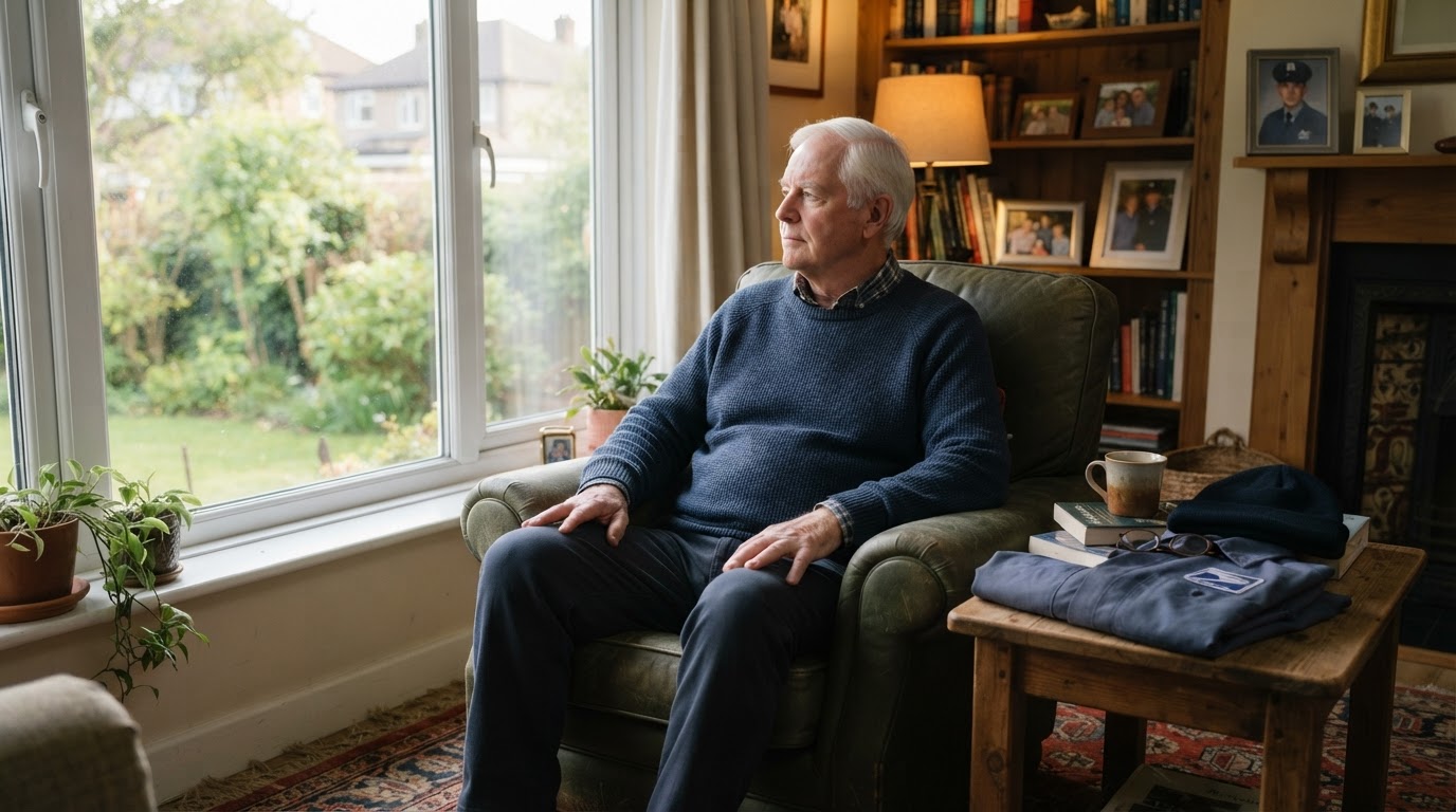 An older white male retired postal clerk in a plain uniform sitting in a cozy living room beside his folded uniform, looking contemplatively out a window.