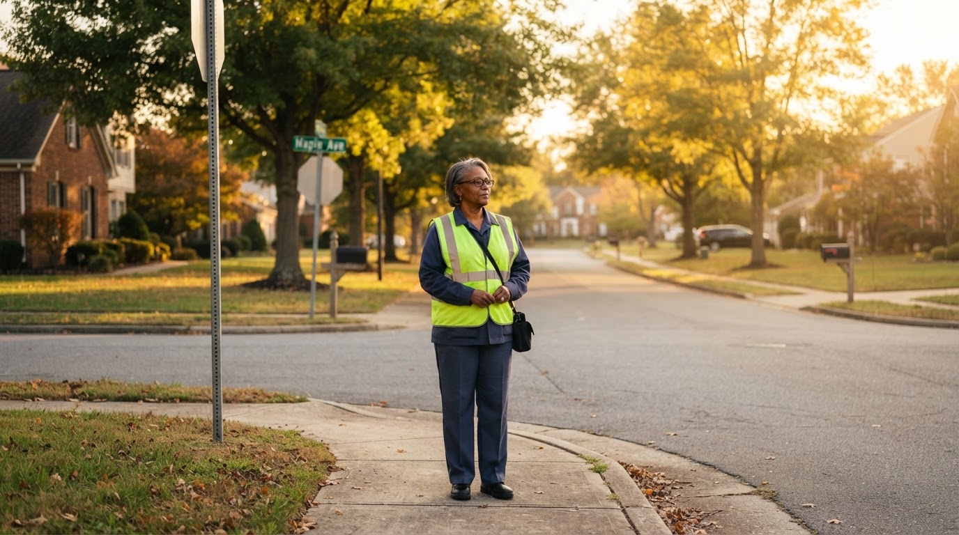 An older Black female letter carrier in a plain dark uniform with a bright neon safety vest, standing at a quiet suburban crossroads at golden hour, looking thoughtfully down an empty street.