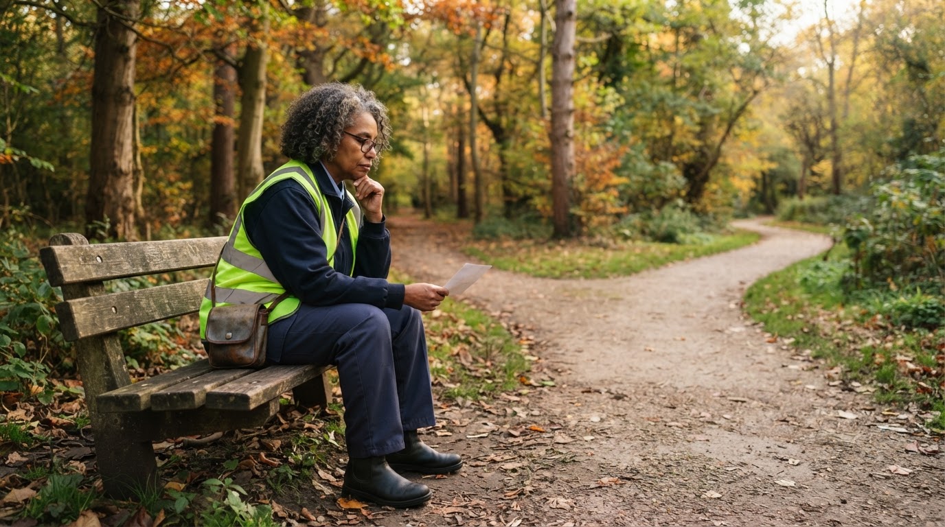 A 62-year-old mixed-race Black and white female letter carrier in a plain dark uniform with a bright neon high-visibility safety vest, sitting on a park bench, thoughtfully considering two diverging walking paths.