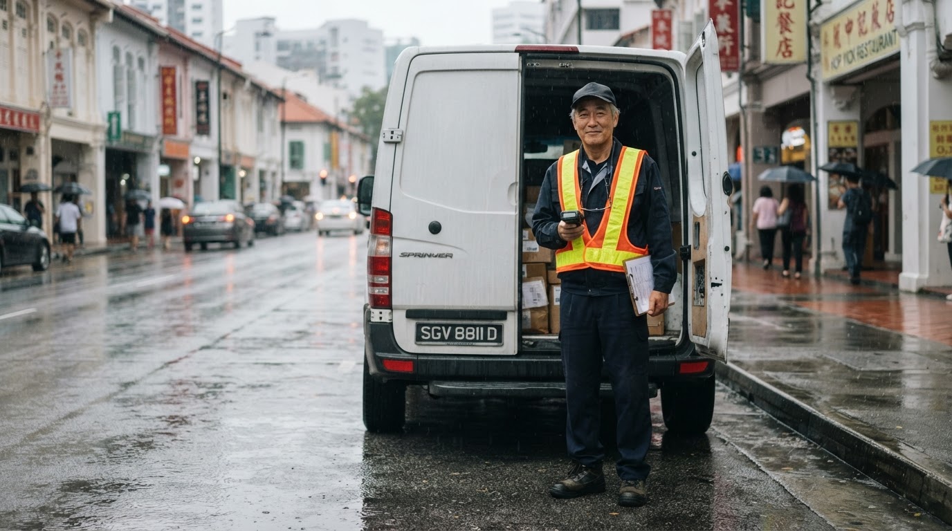 A 58-year-old Asian male delivery driver in a plain dark uniform with a bright neon high-visibility safety vest, standing calmly beside an unbranded plain white van on a wet city street after a sudden downpour.
