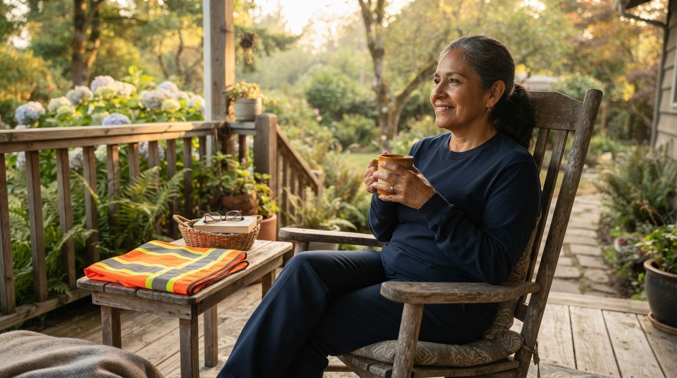 A 60-year-old Latina logistics facility worker sitting peacefully on a sunlit morning porch holding a warm mug of coffee, with her plain high-visibility safety vest neatly folded beside her.