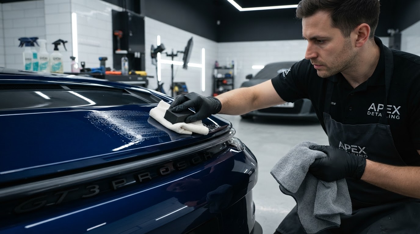 Detailer applying ceramic coating with applicator block