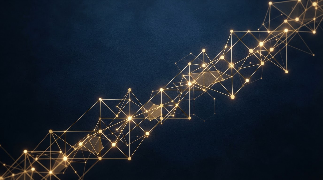 Ascending grid of connected golden nodes on deep navy, symbolizing structured business growth