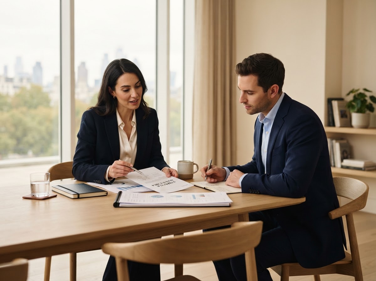 Two business consultants reviewing strategy documents at a light oak table in a modern office
