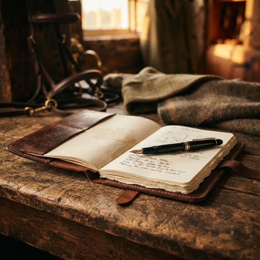 Ledernes Notizbuch auf Holz zur Golden Hour
