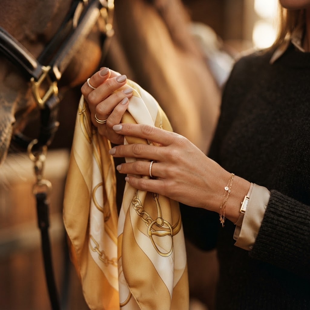 Frauenhände mit Goldschmuck und Seidentuch zur Golden Hour