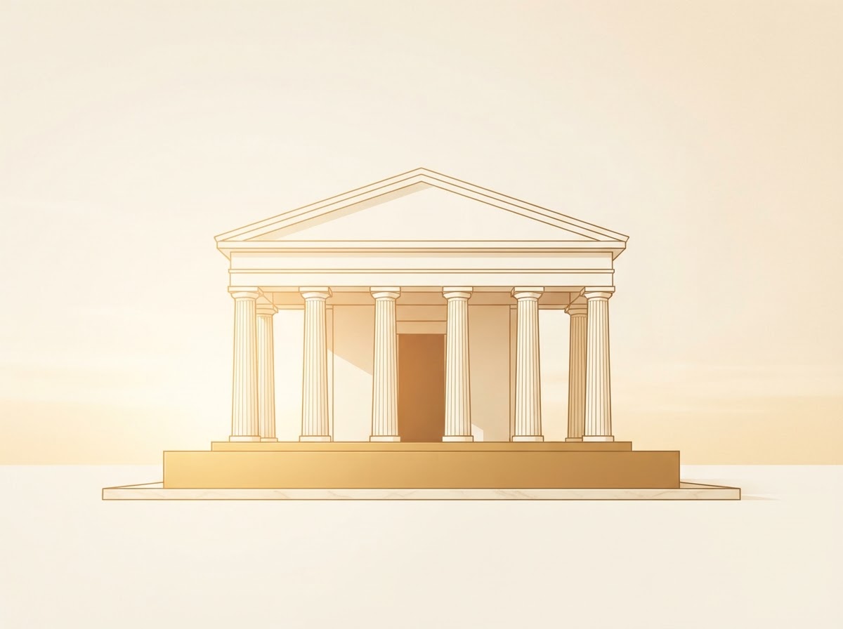 Klassischer minimalistischer Palast mit sechs Säulen auf goldenem Fundament