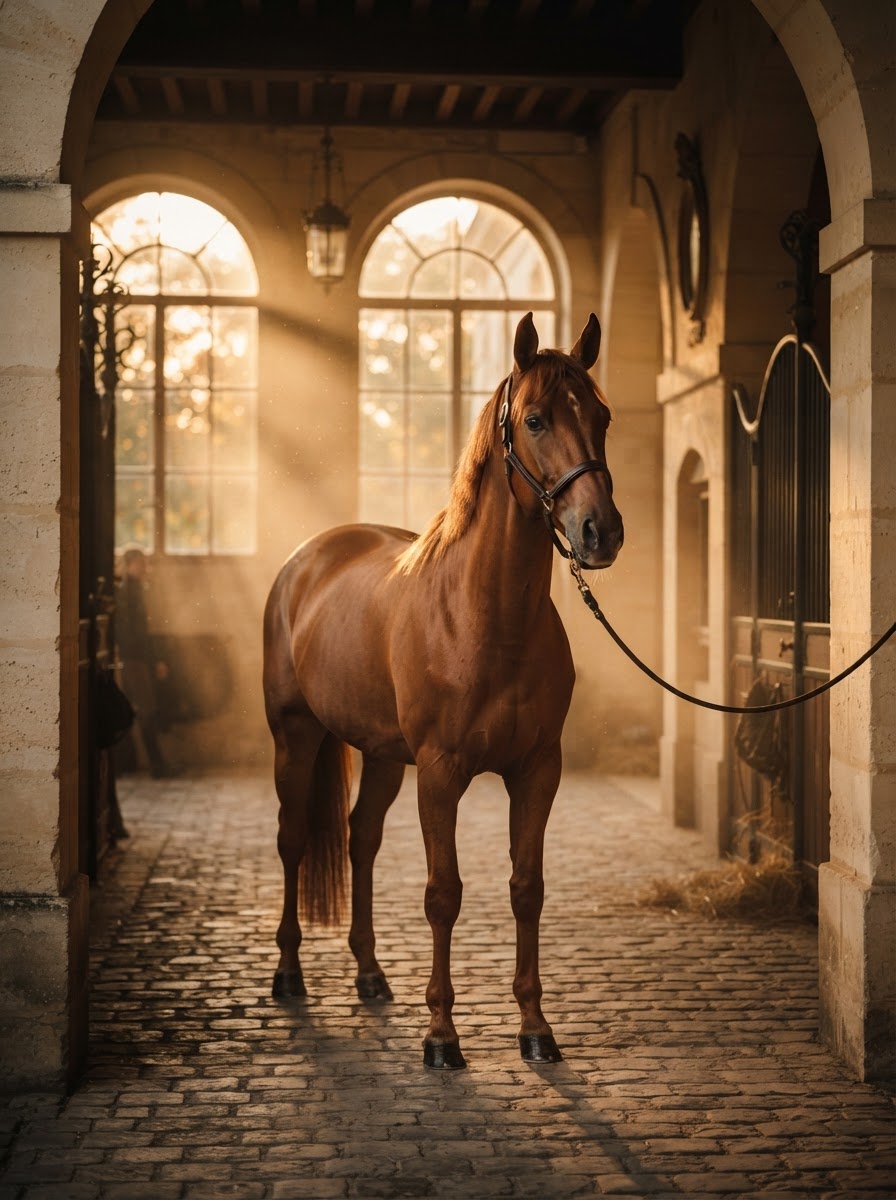 Kastanienbraunes Pferd im warmen Licht eines alten Steinpalastes zur Golden Hour