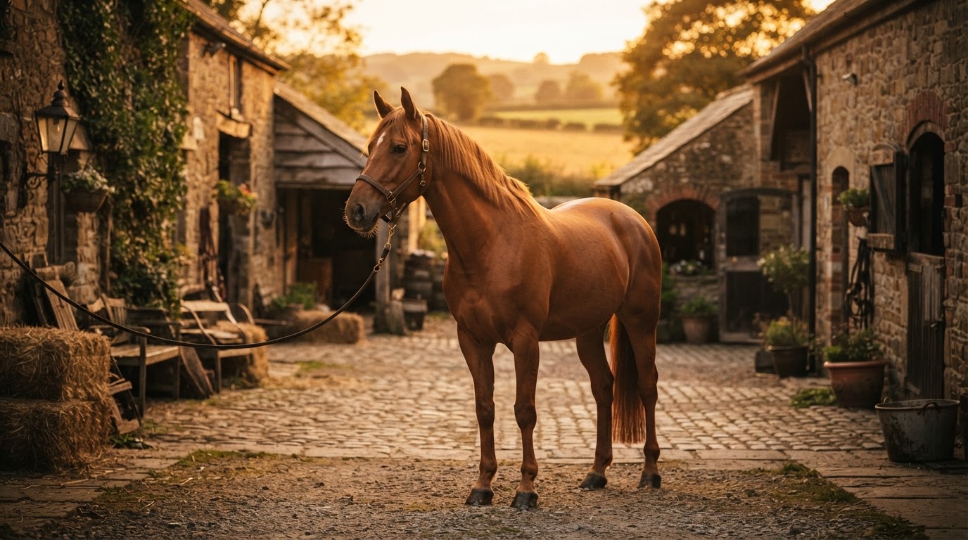 Kastanienbraunes Pferd in einem rustikalen Stallhof zur Golden Hour